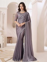 Greyish Brown Satin Gold Silk Saree